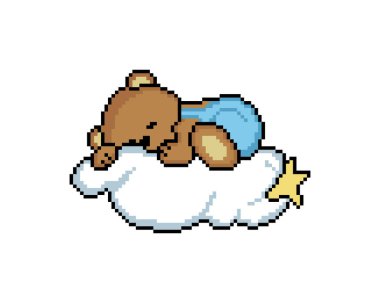 Piksel bebek kahverengi ayı bulutlarda uyuyor. Çapraz dikiş deseninin vektör illüstrasyonu.