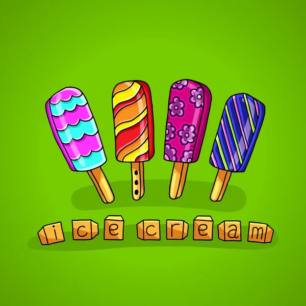 Bright ice cream on a stick on a green background — Stock Vector