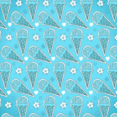 tatlı dondurma çiçekler ve açık mavi renkli daireler çevrili bir gözleme koni parlak desen