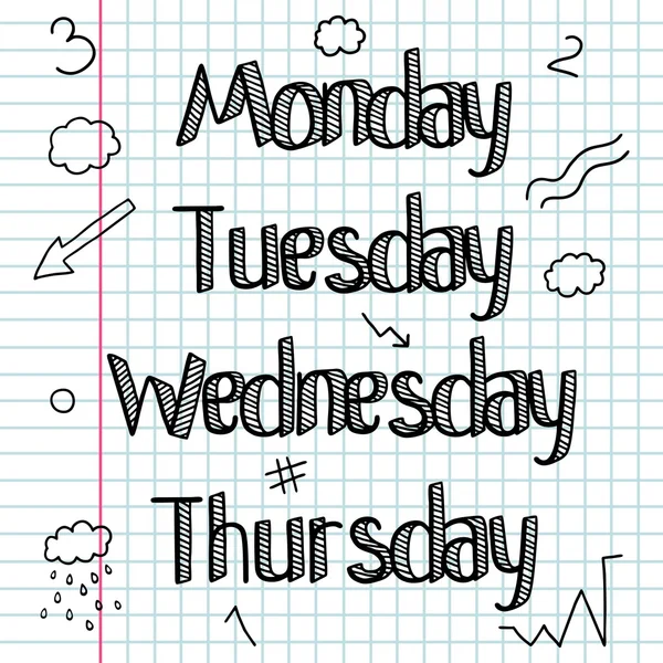 A set of signs, words, days of the week. Days of the week. Word. Hand drawing. Bar. The workbook is in the cage.Line drawing.Doodle Lettering. Font. — Stock Vector