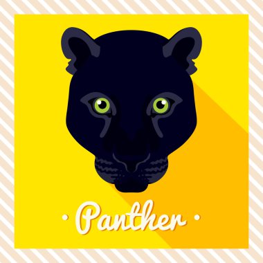 Kara Panter vektör portresi. Hayvanlar simetrik portreleri. Vektör çizim, tebrik kartı, poster. Simge. Hayvan yüz. Font yazıt. Bir panterin yüz görüntü.