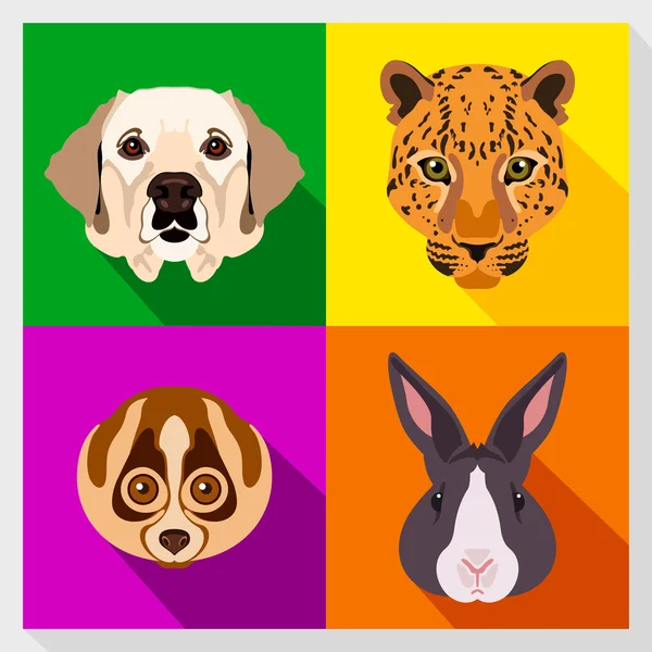 Aantal dieren met platte ontwerp. Symmetrische portretten van dieren. Vectorillustratie. Labrador hond, lemur, luipaard, konijn. Een set van symmetrische vector portretten dieren. Icon Set. Dierlijke gezicht. — Stockvector