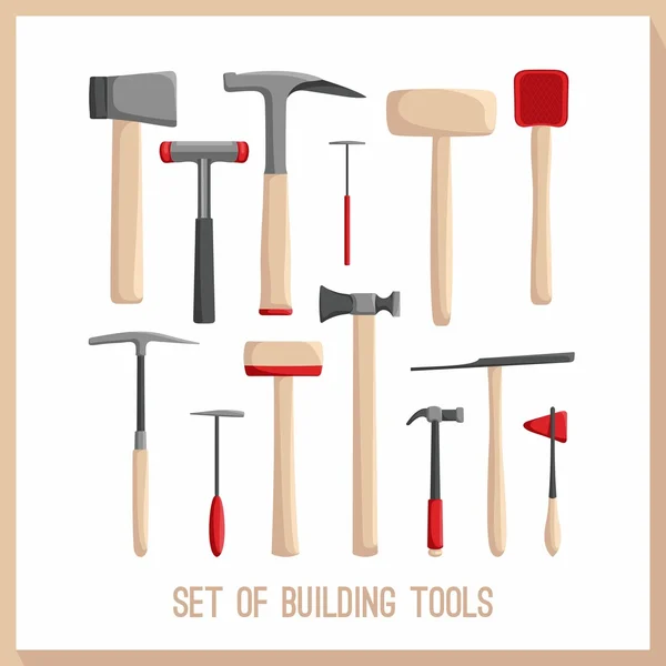 Set of building tools. Buildings tools icons set. Flat design symbols. Construction tools,  building tools isolated. Hammer, hatchet. — Stock Vector