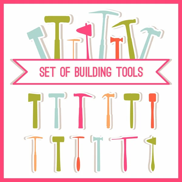 Set of building tools. Buildings tools icons set. Flat design symbols. Construction tools,  building tools isolated. Hammer, hatchet. — Stock Vector