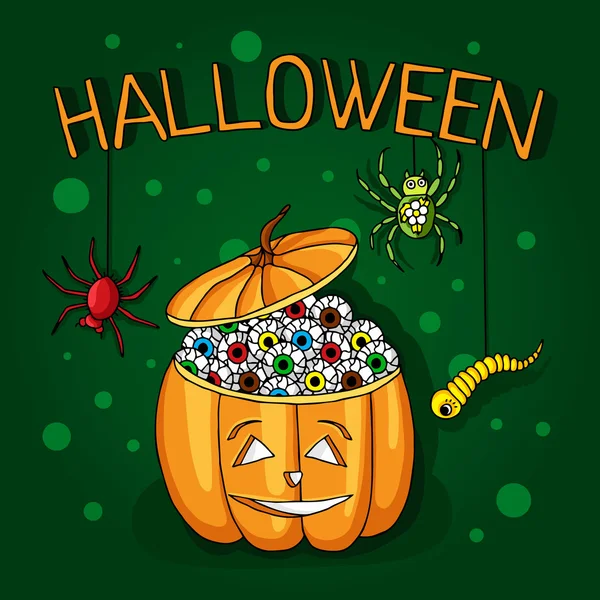 Postcard, poster for Halloween. Holiday magic, spiders, worms, spider webs. Big pumpkin with eyes. Decorative elements. — Stock Vector
