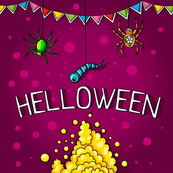 Открытка, постер на Хэллоуин. Праздничная магия, пауки, черви, паутины. Флаги для украшения. Декоративные элементы. Толстый дым . — стоковый вектор