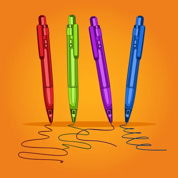 Set gekleurde schrijven pennen voor school, het bedrijfsleven en studie. Grepen voor het leren, brief, lijn, lijn. Vectorillustratie. — Stockvector