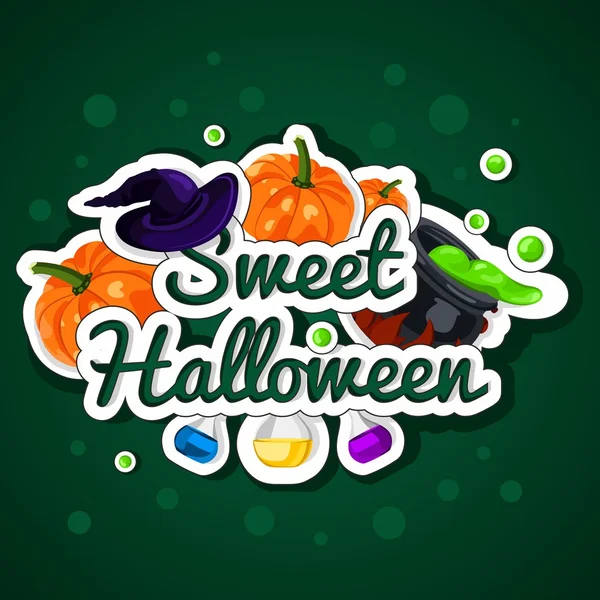 Dulce Halloween. Feliz Halloween. Cartel, postal para Halloween. La fiesta, calabazas, caldero de brujas, poción, botellas, reacción química, magia . — Vector de stock