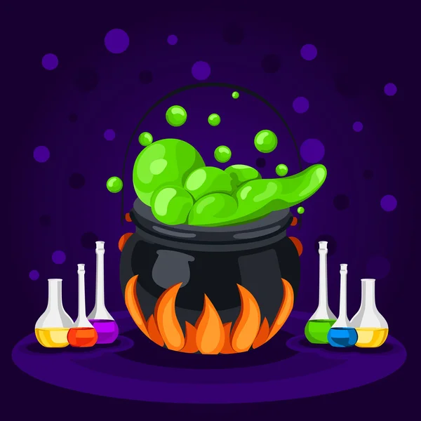 Söta Halloween. Glad halloween. Affisch, vykort för Halloween. Semester, witches cauldron, potion, flaskor, kemisk reaktion, magi. — Stock vektor