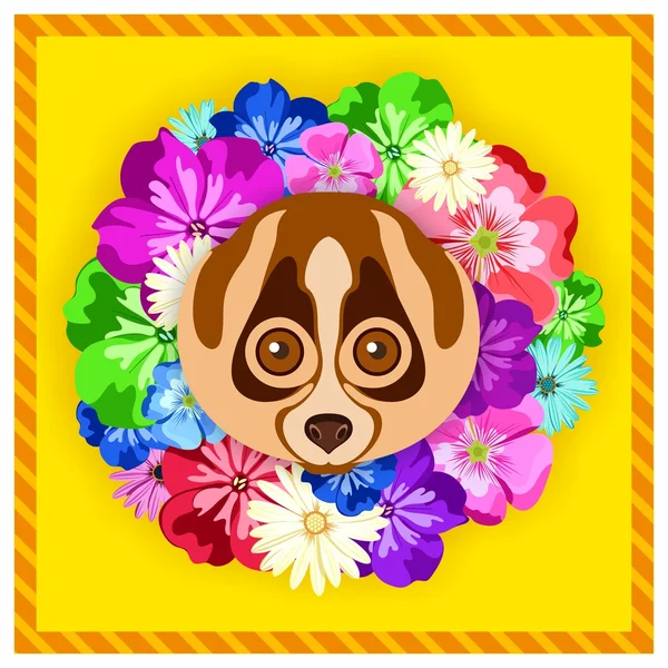 Vector portrait of a lemur among the flowers. Beautiful, bright colors. Flower frame, rim. Symmetrical portraits of animals. Vector Illustration, greeting card, poster. Icon. Animal face. Font inscription. Image of a lemur's face. — Stockový vektor