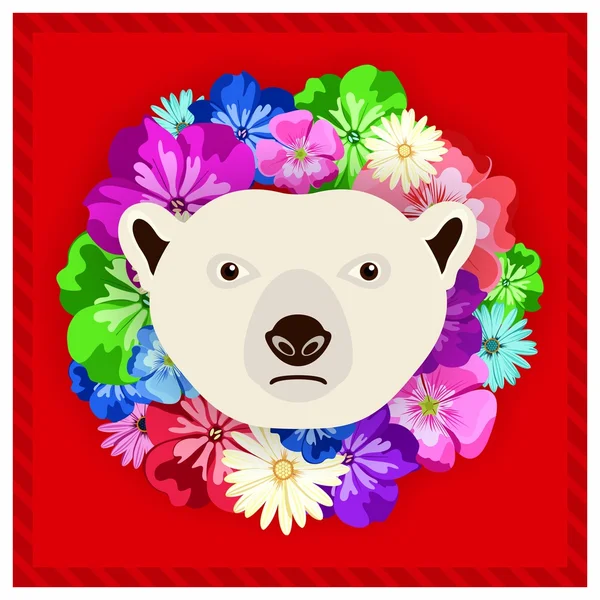 Retrato vectorial de un oso polar entre las flores. Hermosos, colores brillantes. Marco de flores, borde. Retratos simétricos de animales. Ilustración vectorial, tarjeta de felicitación, póster. Icono. Cara de animal. Inscripción tipográfica. Imagen de una cara de oso polar . — Vector de stock