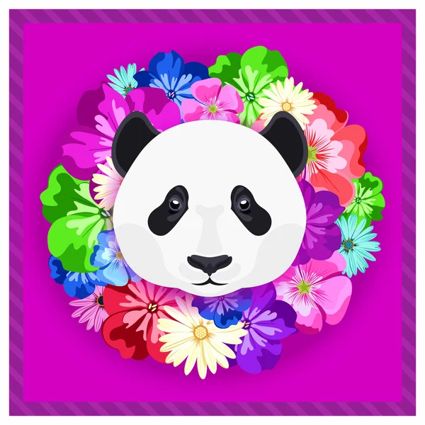 Vector portrait of a panda among the flowers. Beautiful, bright colors. Flower frame, rim. Symmetrical portraits of animals. Vector Illustration, greeting card, poster. Icon. Animal face. Font inscription. Image of a panda's face. — Διανυσματικό Αρχείο