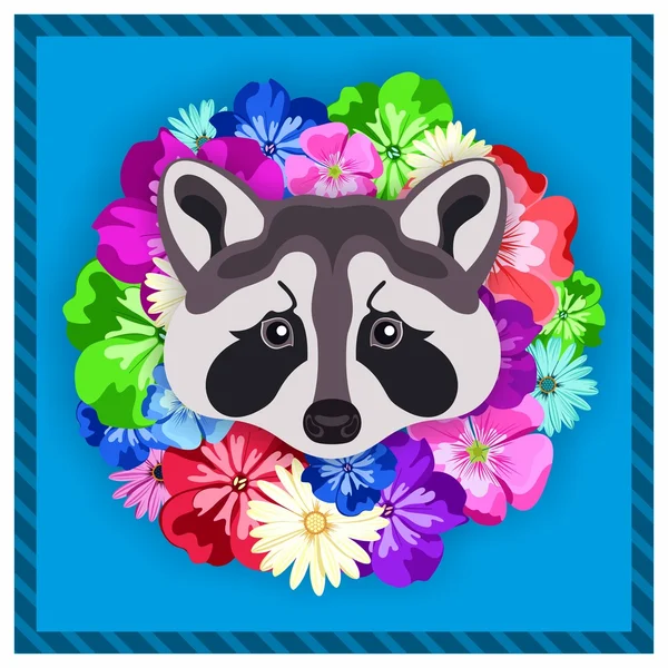 Vector portrait of a grey raccoon among the flowers. Beautiful, bright colors. Flower frame, rim. Symmetrical portraits of animals. Vector Illustration, greeting card, poster. Icon. Animal face. Font inscription. Image of a grey raccoon face. — Stock Vector