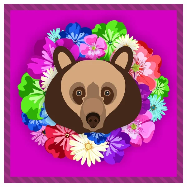 Retrato vetorial de um urso pardo entre as flores. Cores bonitas e brilhantes. Moldura de flores, aro. Retratos simétricos de animais. Ilustração vetorial, cartão de felicitações, cartaz. Ícone. Cara de animal. Inscrição da fonte. Imagem de um rosto de urso marrom . — Vetor de Stock