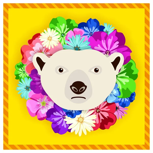 Retrato vectorial de un oso polar entre las flores. Hermosos, colores brillantes. Marco de flores, borde. Retratos simétricos de animales. Ilustración vectorial, tarjeta de felicitación, póster. Icono. Cara de animal. Inscripción tipográfica. Imagen de una cara de oso polar . — Vector de stock