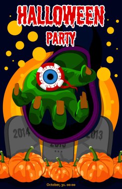 Sweet Halloween. Happy Halloween. Poster, postcard for Halloween. The holiday,  witches hand, potion, chemical reaction, magic, harvest pumpkins, human eye. Bright vector illustration for celebration. Banner or background for Halloween Party Night. H