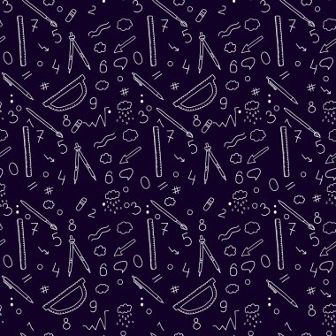 Hand-drawn seamless pattern background. School, business supplies to illustrate chemical experiments and work. Hand drawing. Set of words and labels. Chemical elements. School, business  appliances. Ruler. Compasses. Pencil.