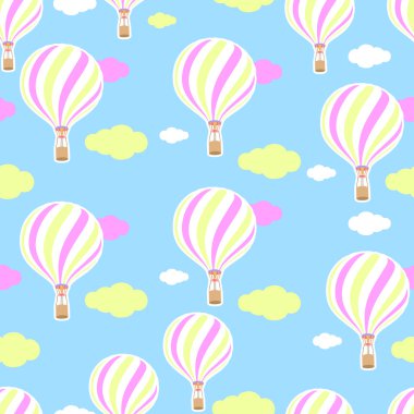 Cute seamless pattern in the nursery. Hot air balloon, clouds. Seamless background. The pattern in pastel colors. Pattern traveler. Vector colorful pattern ball, basket and colored clouds.