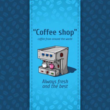 Vector illustration of vintage coffee backgrounds. Automatic machine for coffee with two small circles. Menu for restaurant, cafe, bar, coffeehouse. Seamless pattern, texture of coffee beans. Advertising for cafes, restaurants and cafes.