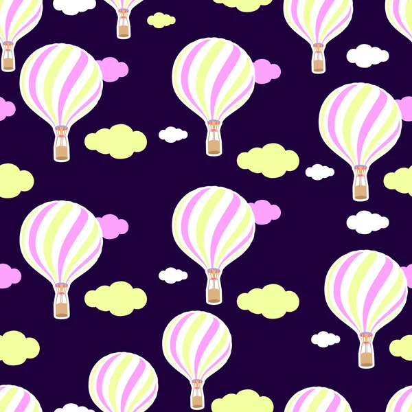 Niedliche nahtlose Muster im Kinderzimmer. Heißluftballon, Wolken. nahtloser Hintergrund. das Muster in Pastellfarben. Musterreisende. Vektor bunten Musterball, Korb und farbigen Wolken. — Stockvektor
