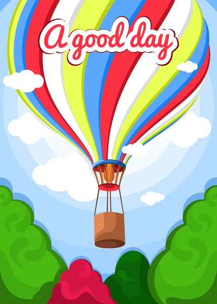 Ilustração vetorial de um balão de ar quente, árvores, nuvens. Balão bonito, colorido, balão de ar quente. Cartão de felicitações, cartaz. Bom dia, ar, natureza, céu, nuvens, árvores verdes. Fundo de verão . — Vetor de Stock
