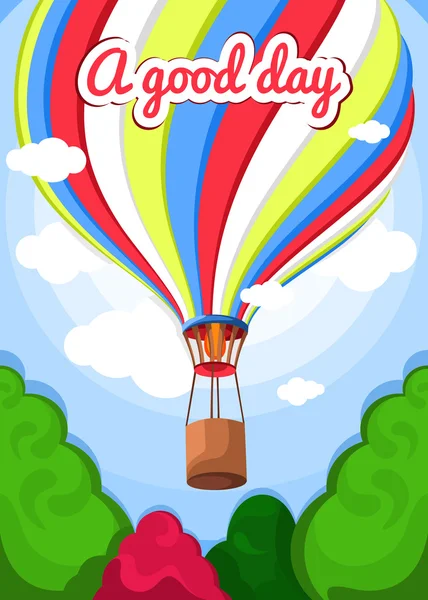 Vector illustration of a hot air balloon, trees, clouds. Beautiful, colorful balloon, hot air balloon. Greeting card, poster. Good day, air, nature, sky, clouds, green trees. Summer background.