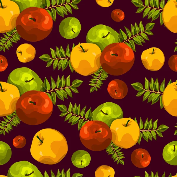 Stylish seamless pattern of leaves and apples. Fruit pattern. Apple harvest. Beautiful background for greeting cards, invitations, textiles, fabrics, wallpaper. Seamless vintage pattern of fruit. Autumn pattern. Apple pattern.