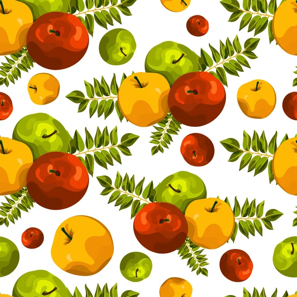 Stylish seamless pattern of leaves and apples. Fruit pattern. Apple harvest. Beautiful background for greeting cards, invitations, textiles, fabrics, wallpaper. Seamless vintage pattern of fruit. Autumn pattern. Apple pattern.