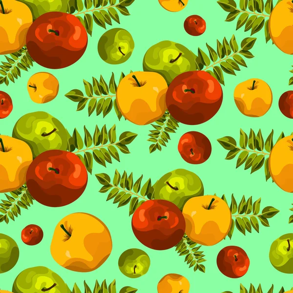 Stilvolle nahtlose Muster von Blättern und Äpfeln. Obstmuster. Apfelernte. schöner Hintergrund für Grußkarten, Einladungen, Textilien, Stoffe, Tapeten. nahtlose Fruchtmuster. Herbstmuster. Apfelmuster. — Stockvektor