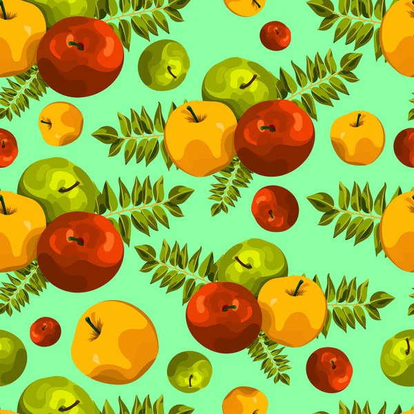 Stylish seamless pattern of leaves and apples. Fruit pattern. Apple harvest. Beautiful background for greeting cards, invitations, textiles, fabrics, wallpaper. Seamless vintage pattern of fruit. Autumn pattern. Apple pattern.