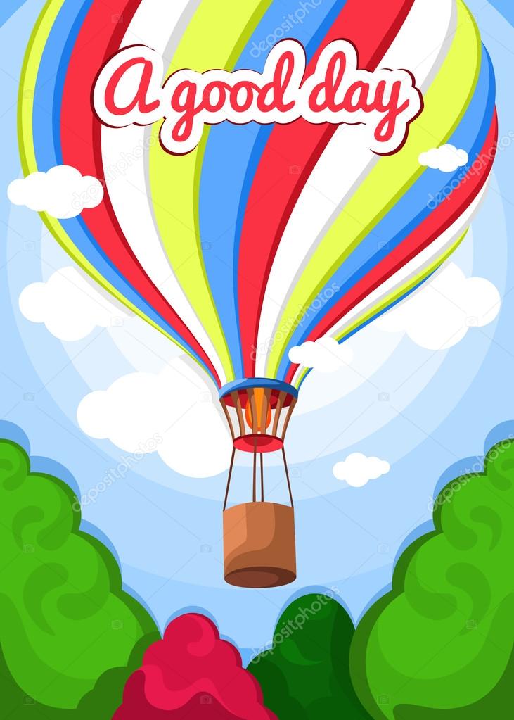 Vector illustration of a hot air balloon, trees, clouds. Beautiful, colorful balloon, hot air balloon. Greeting card, poster. Good day, air, nature, sky, clouds, green trees. Summer background.