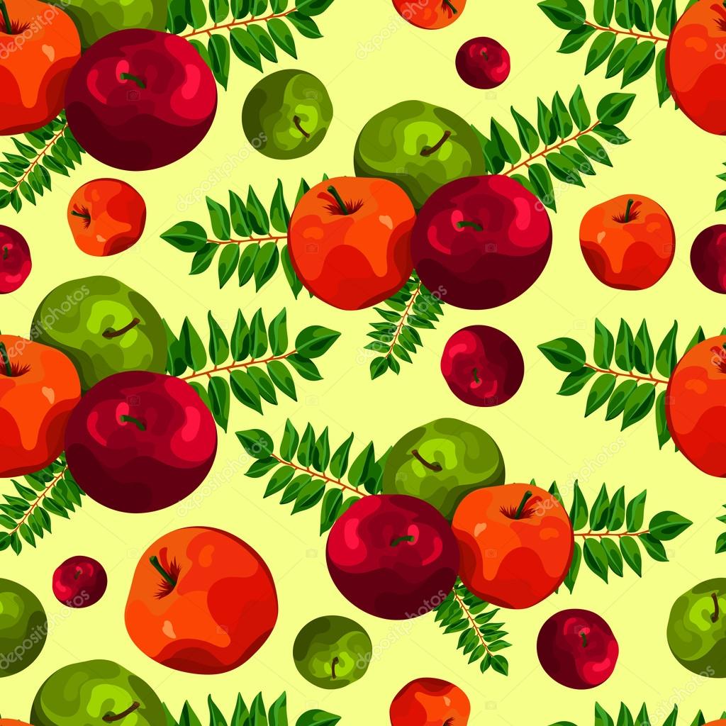 Stylish seamless pattern of leaves and apples. Fruit pattern. Apple ...