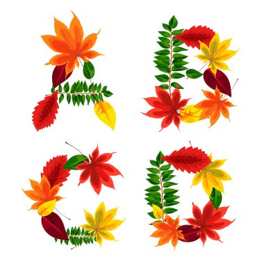 Set of autumn letters composed of beautiful red, yellow, green and orange leaves. Autumn alphabet. A, B, C, D. Set autumn letters. Letters from the leaves.