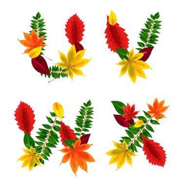 Set of autumn letters composed of beautiful red, yellow, green and orange leaves. Autumn alphabet. Q, R, S, T. Set autumn letters. Letters from the leaves.