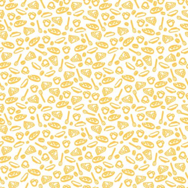 Seamless pattern. Tea cup, mug of coffee, spoon, plate, loaf, a piece of cheese, coffee beans. Pattern for postcards, textiles, fabrics.