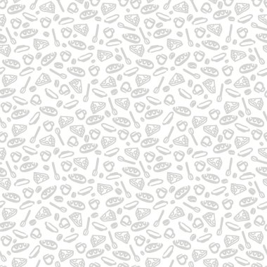 Seamless pattern. Tea cup, mug of coffee, spoon, plate, loaf, a piece of cheese, coffee beans. Pattern for postcards, textiles, fabrics.