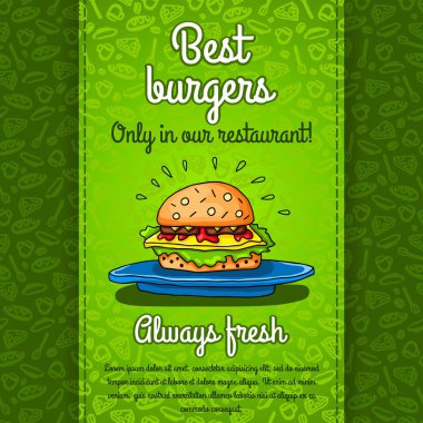 Big hamburger with cheese, sauce, two burgers, lettuce, lying on big blue plate. Vector work for flyers, menus, packaging, advertising, cafes and restaurants. Seamless pattern, texture of restaurant.