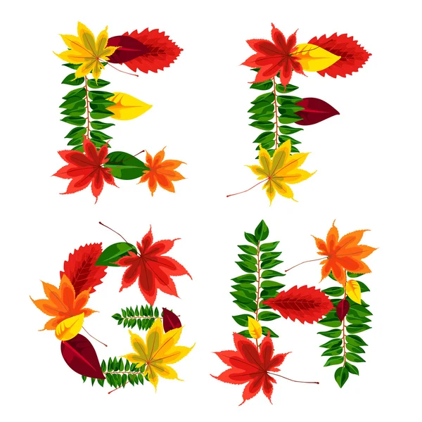 Set of autumn letters composed of beautiful red, yellow, green and orange leaves. Autumn alphabet. E, F, G, H. Set autumn letters. Letters from the leaves. — Wektor stockowy
