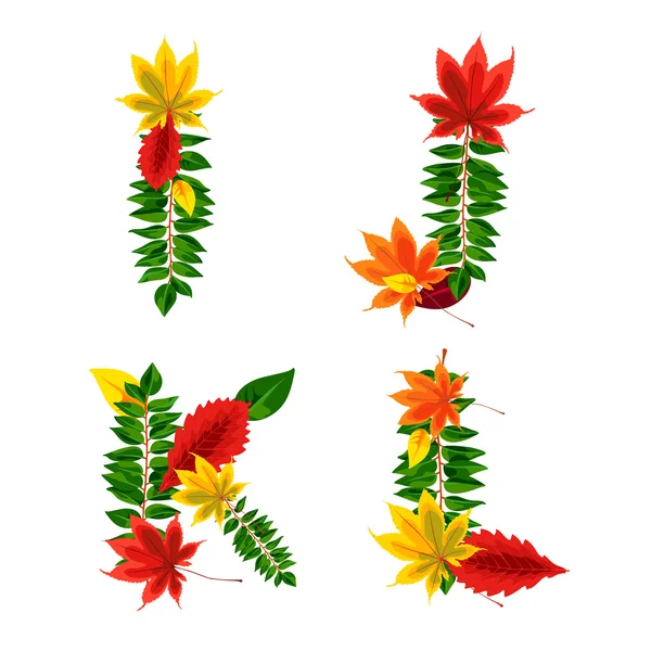 Set of autumn letters composed of beautiful red, yellow, green and orange leaves. Autumn alphabet. I, J, K, L. Set autumn letters. Letters from the leaves. — Stock Vector