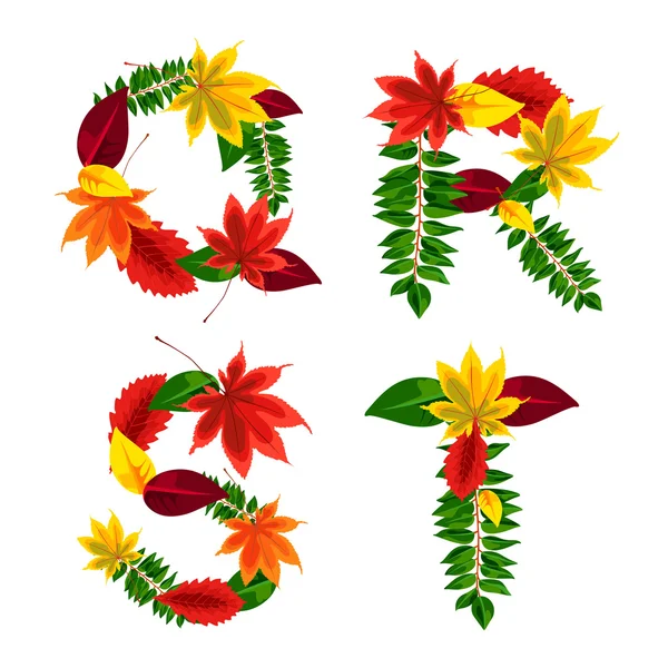 Set of autumn letters composed of beautiful red, yellow, green and orange leaves. Autumn alphabet. Q, R, S, T. Set autumn letters. Letters from the leaves.