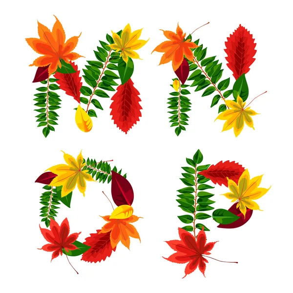 Set of autumn letters composed of beautiful red, yellow, green and orange leaves. Autumn alphabet. M, N, O, P. Set autumn letters. Letters from the leaves. — Wektor stockowy