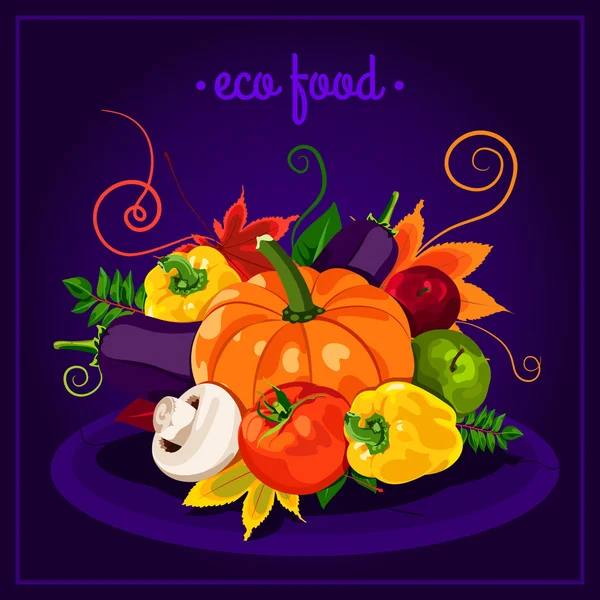 Das stylische Poster mit Vektorgemüse. Öko-Lebensmittel. Herbsternte. gesunde Lebensmittel. frische und gesunde Lebensmittel. Ernährung. Tomate, gelbe Paprika, Pilz, Kürbis. Aufkleber. drucken. — Stockvektor