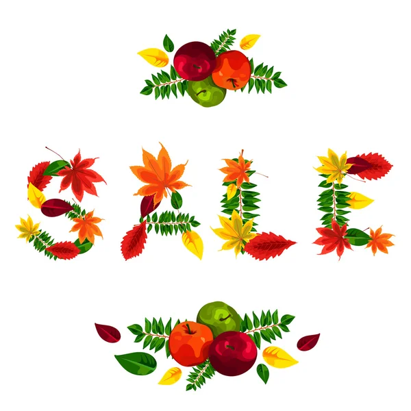 Beautiful letters composed of beautiful red, yellow, green and orange fall leaves. Season discounts. Advertising poster for sale. Autumn sale. — 图库矢量图片