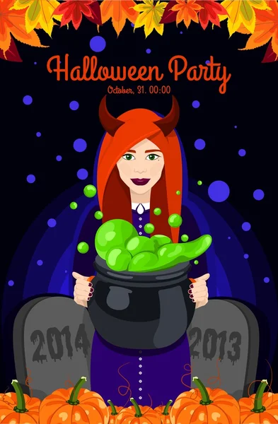 Happy Halloween. Poster, postcard for Halloween. The holiday, Beautiful witch, witches cauldron, potion. Bright vector illustration for celebration. Banner or background for Halloween Party Night. — ストックベクタ