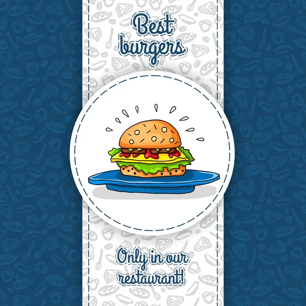 Big hamburger with cheese, sauce, two burgers, lettuce, lying on big blue plate. Vector work for flyers, menus, packaging, advertising, cafes and restaurants. Seamless pattern, texture of restaurant. — Stockvector