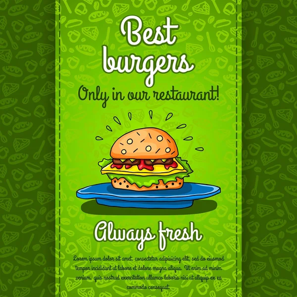 Big hamburger with cheese, sauce, two burgers, lettuce, lying on big blue plate. Vector work for flyers, menus, packaging, advertising, cafes and restaurants. Seamless pattern, texture of restaurant. — Stock vektor