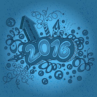 Happy new year 2016 Text Design. Hand drawing. Fireworks, Christmas flapper, firecracker, balls. A pointer to the north. Postcard Happy New Year and Merry Christmas 2016.