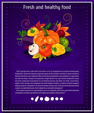 Vector backgrounds, banners about healthy eating. Vector vegetables elements for infographics. Isolated vegetables. Fresh and healthy food. Diet. Tomato, yellow pepper, mushroom, pumpkin.
