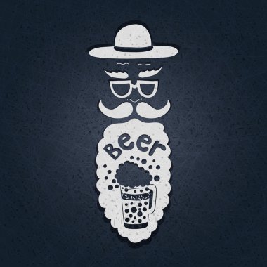 Vector illustration. A bearded man with a mustache, glasses and a stylish hat. Typographic composition in his beard. The stylized face with a beard. Big curly beard beer. Figure mugs of beer. Hand drawing.