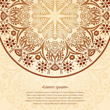 Çiçek daire. Stilize bir çizim. Mandala. Stilize dantel süs. Hint çiçek süsleme. Tebrik kartları, etiketleri için narin çiçek background. Metinde yer.